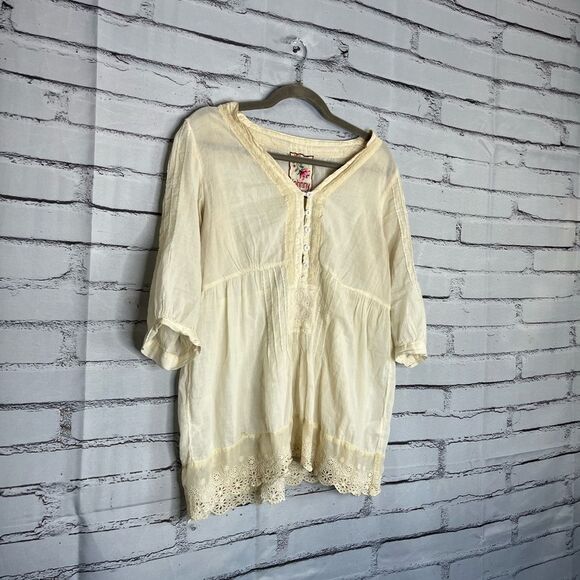 Johnny Was Cream Cuffed Sleeve Pleated Blouse SZ M Ribbed Luxury CottageCore Y2K - Picture 2 of 14